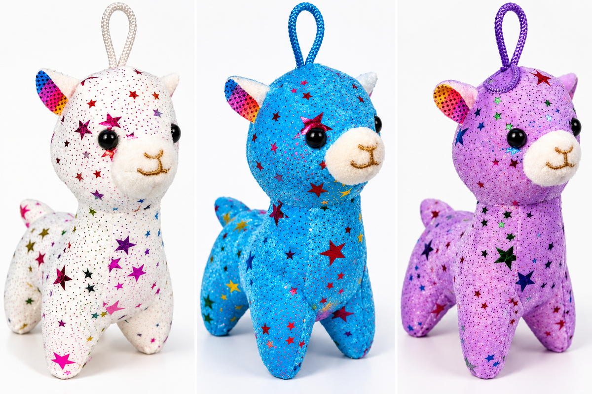 Glitzer Lama Plüschtier mit Sternen – Kuscheltier Alpaka in Weiß, Blau & Lila