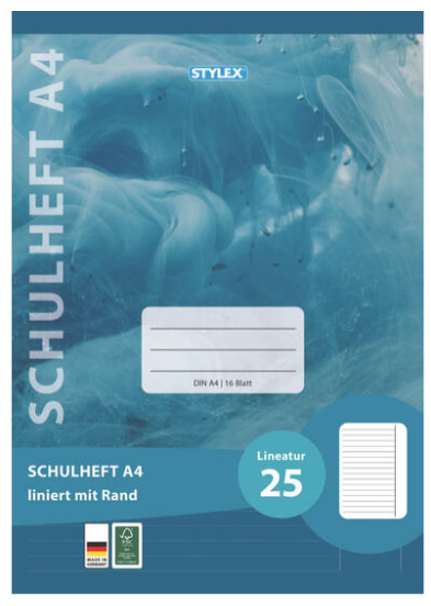 Stylex Schulheft, Lineatur 25, DIN A4, 16 Blatt