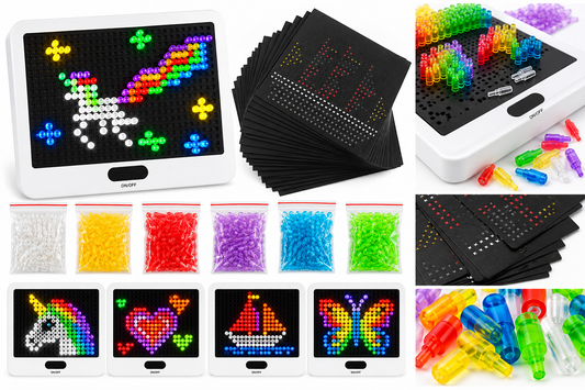Leuchtboard mit bunten Steck-Stiften – 25-teiliges Kreativ-Set mit Vorlagen | LED Steckspiel für Kinder